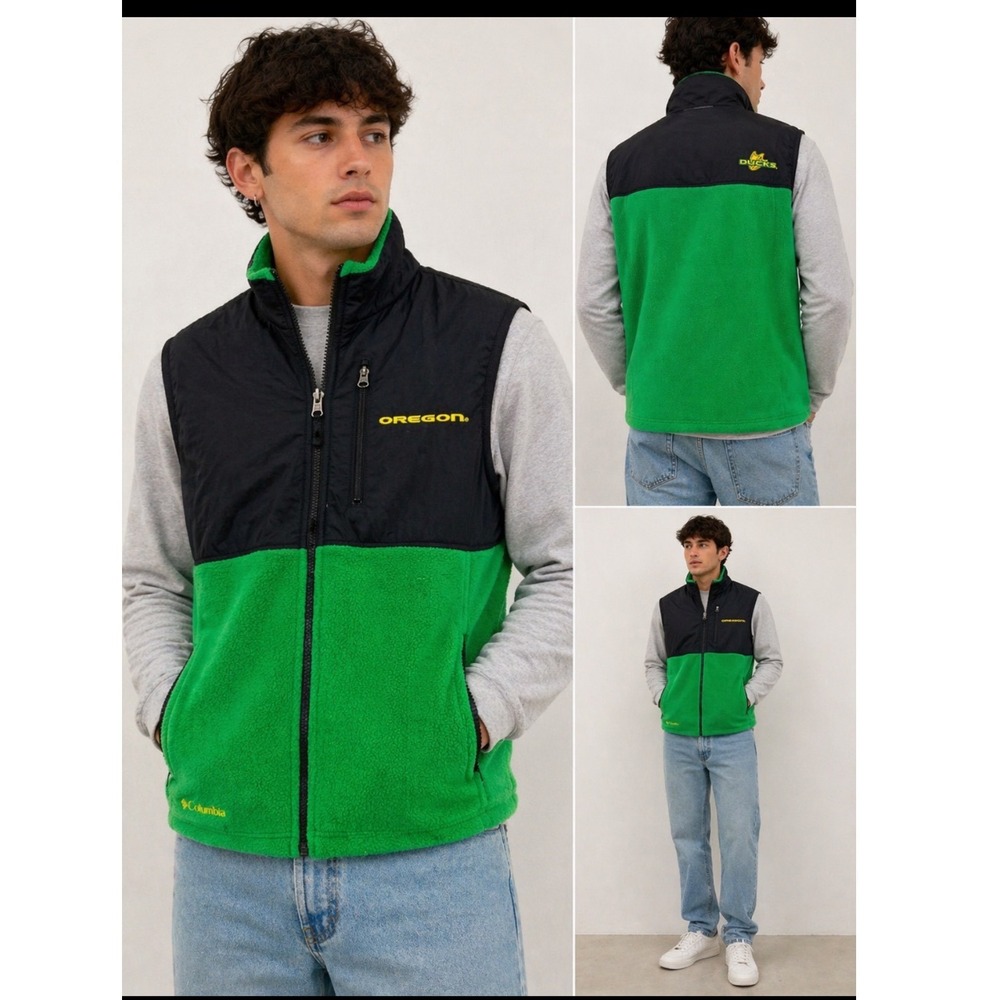 Columbia Oregon Ducks Fleece Vest Mens Small Green Black Full Zip Gorpcore NCAA